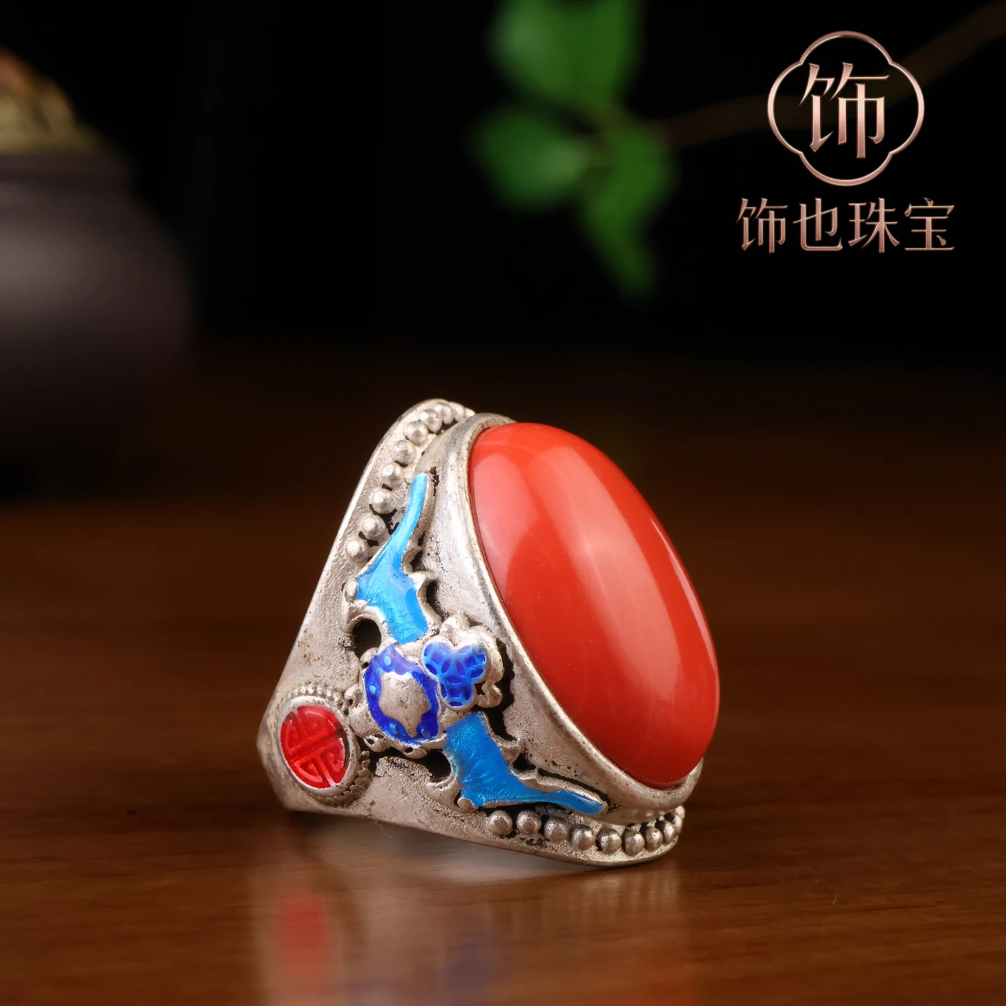 Tibetan silver white copper silver-plated inlaid jade live ring men's and women's rings, retro pulp-coated handicrafts