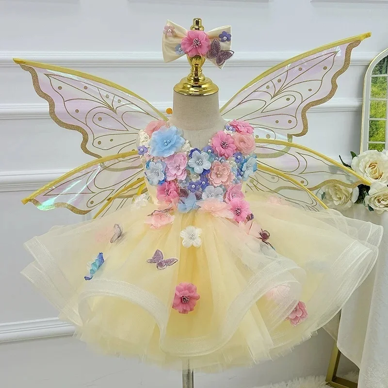 

Custom Flower Girl Dress for Wedding First Christmas Party with Fairy Wings 3D Floral Appliques and Butterfly Decor Tulle Skirt