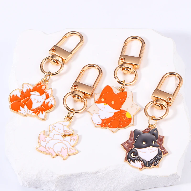 Cute Alloy Enamel Anime Fox Animal Keychain For Women Men Handbag Wallet Car Key Keyrings Ornaments DIY Jewelry Accessories Gift