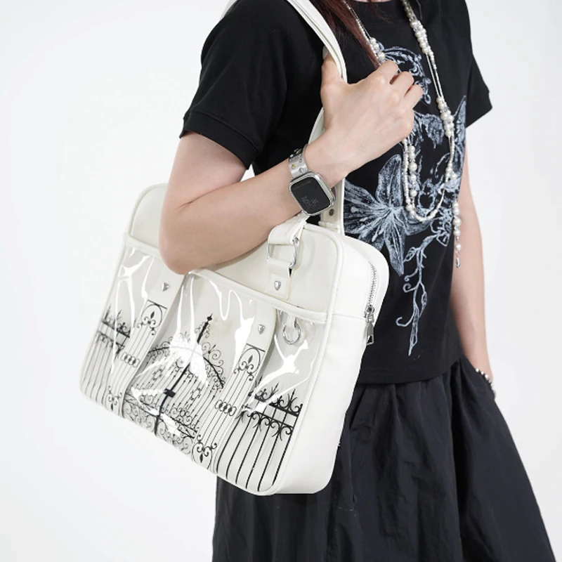 Gothic Ita Bag mit transparentem PVC-Fenster, Damen-Umhängetasche mit Eisentor-Design-Print, Vintage-Handtasche, schwarze Tragetasche – Detail 14