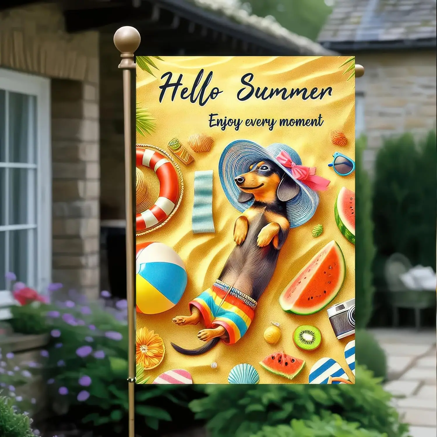 Hello Summer Garden Flag Dachshun Beach Dog Pool Flags Sea Decor Ocean Seaside Welcome Yard Flag Holiday Seasonal Farmhouse  yyi
