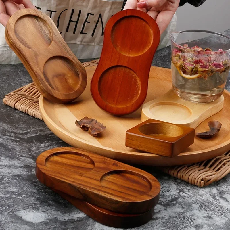 Wood Pepper Mill Tray Bamboo Salt Pepper Shaker Stand Tray Double Hole Base Tea Tray Home Decor Seasoning Bottle Storage Holder