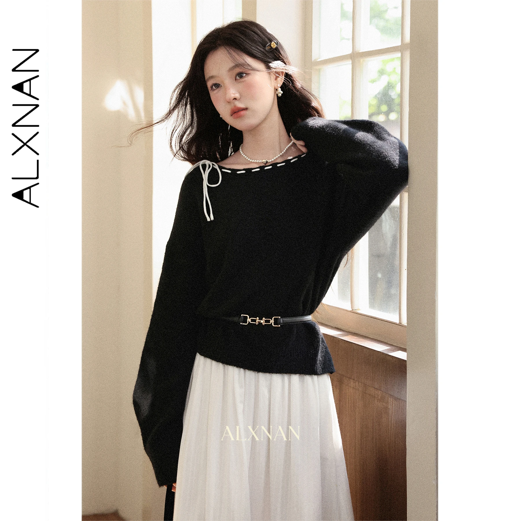 

ALXNAN Women's Black Sweater Round Neck Drawstring Off-shoulder Long Sleeve Pullovers Loose-fit Knit Top Casual Pullover L57203