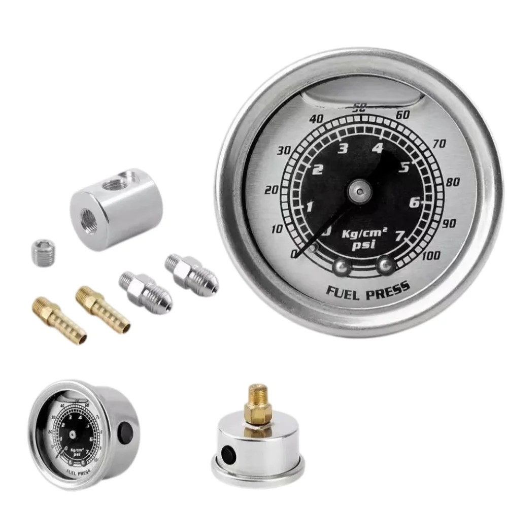 1/8 NPT Fuel Pressure Gauge Filled Polished Case 0-160 Psi Adaptor Kit Car Accessories