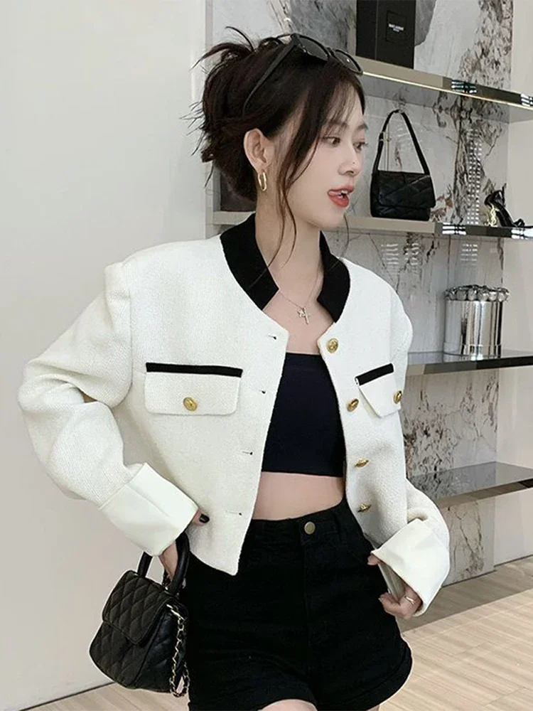 Stand Collar Patchwork Women Jacket Short  Long Sleeve Buttons Fake Pocket Female Coat 2024 Fashion Spring Casual Lady Overcoat