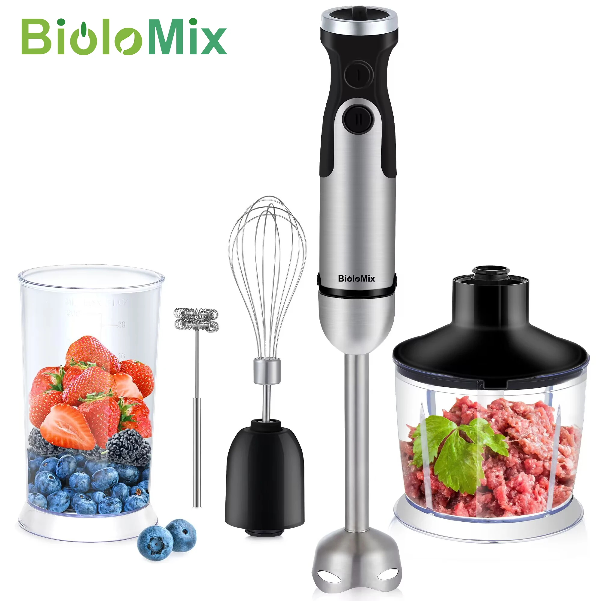 BioloMix 1200W 5-in-1 Immersion Hand Stick Blender Mixer Vegetable Meat Grinder 800ml Chopper Whisk 600ml Smoothie Cup