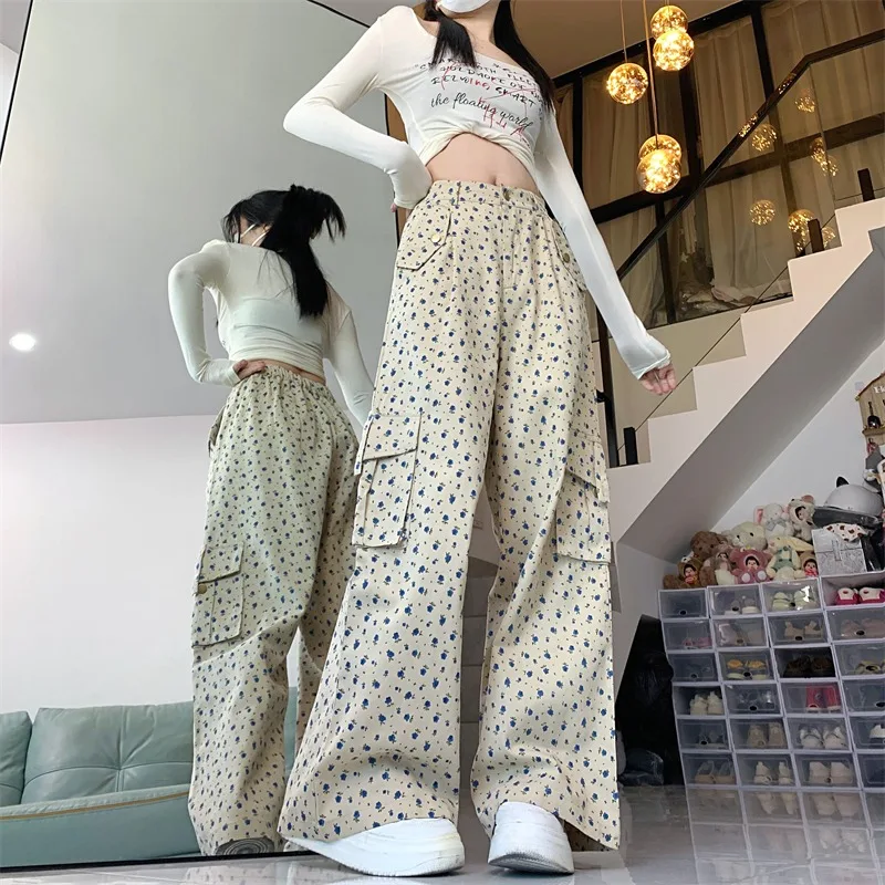 Korean Retro Floral Cargo Pants Women Loose Wide Leg Straight Full Length High Waist Fashion Versatile Casual Trousers Female