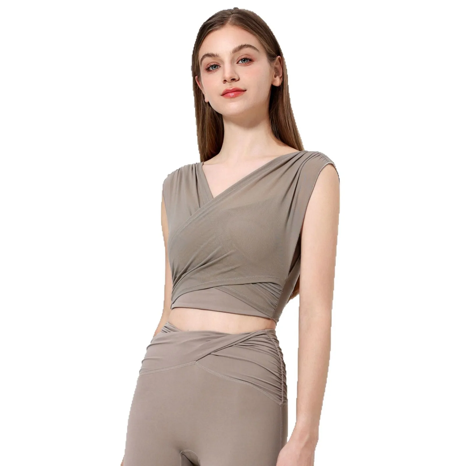 

Mermaid Curved Mesh Fake Two-Piece Sports Top Women's Belt Chest Mat Yoga Clothing Vest Sexy Breathable Fitness Bra T-Shirt