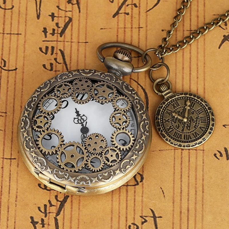 Retro Bronze Creative Design Gear and Compass Pendant Quartz Pocket Watch with Necklace Chain Leisure Pendant Gift Men's Clock