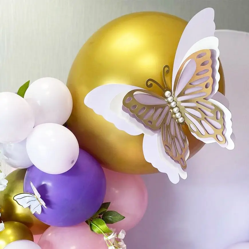 2pcs Butterfly Removable Mural Stickers Large Size Simulation Butterflies Hollow Four-layer with Pearl Home Birthday Party Decor