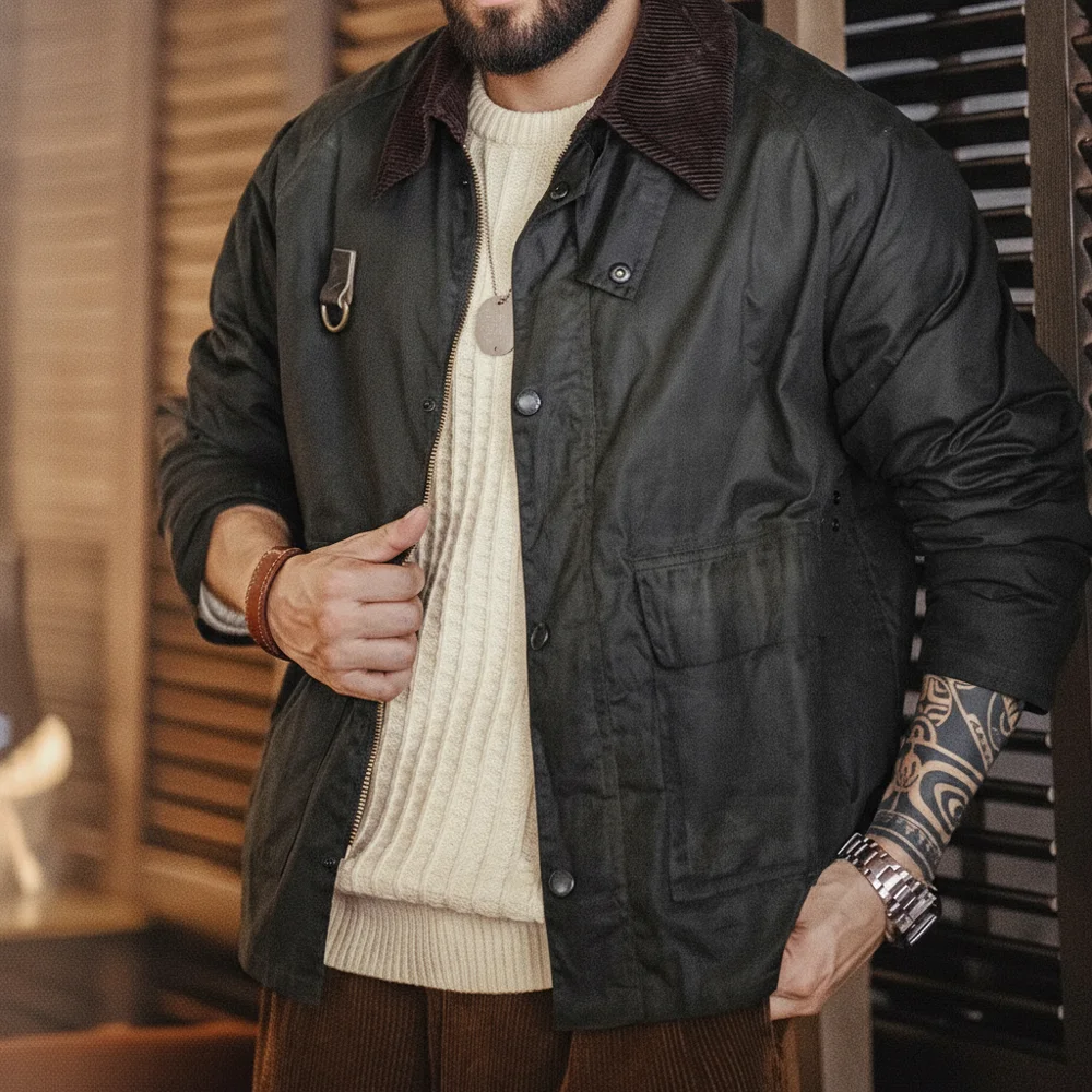 Maden Vintage Spey Waxed Fishing Jacket Distressed Outdoor Corduroy Collar with Pockets Coat for Men's Autumn Classic Overcaot