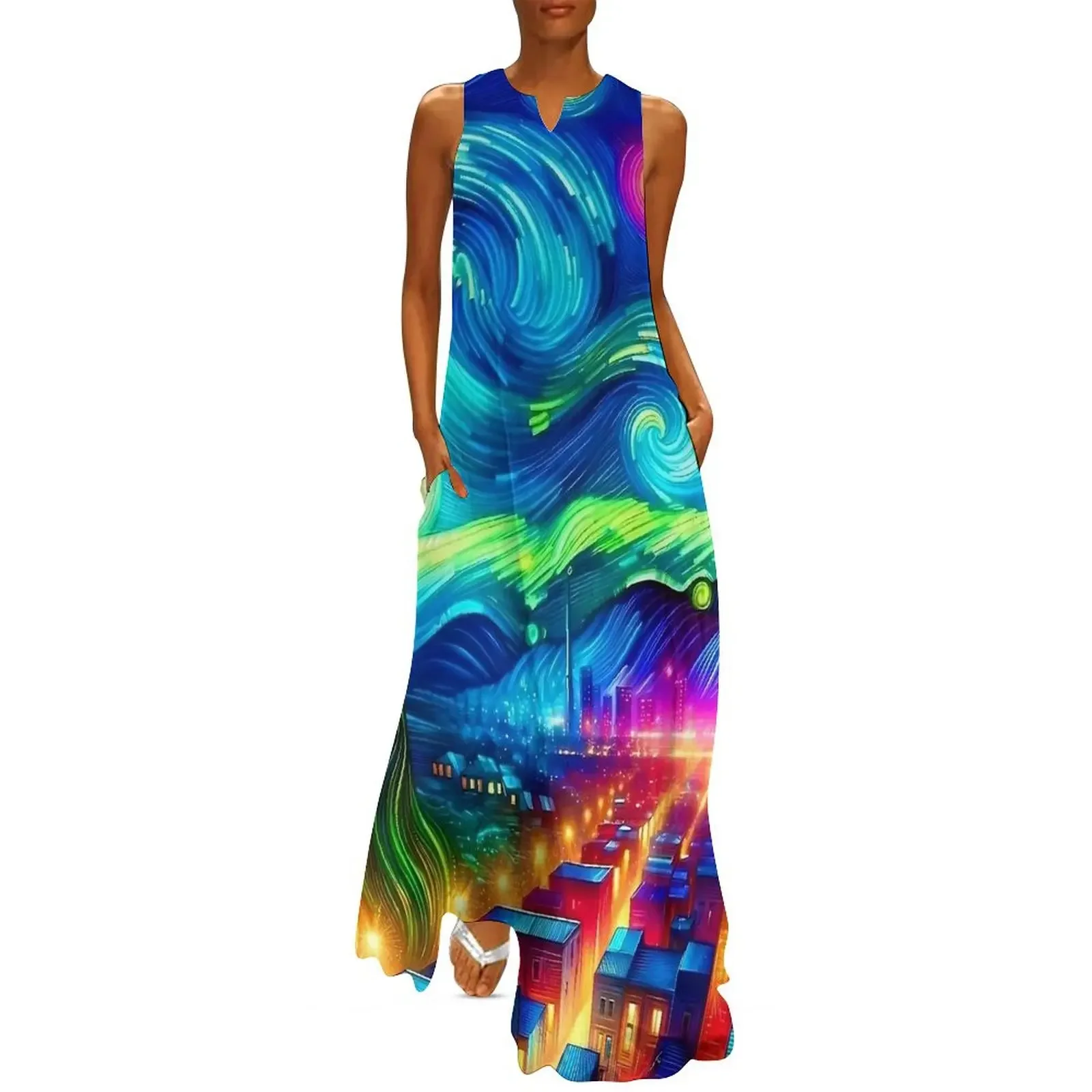 Las Vegas Sternennachtkleid Vintage Maxikleid V-Ausschnitt Benutzerdefinierte lässige lange Kleider Street Wear Vestido Elegantes Party-Damenkleid