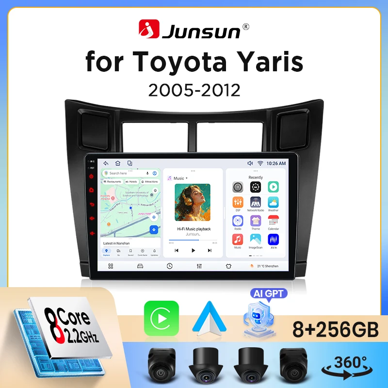 Autoradio Junsun sans fil CarPlay Android Auto pour Toyota Yaris Mk2 (XP90) 2005-2013 avec ventilateur de refroidissement intégré, navigation GPS Android, lecteur multimédia, WiFi, DSP, RDS, BT, SWC,