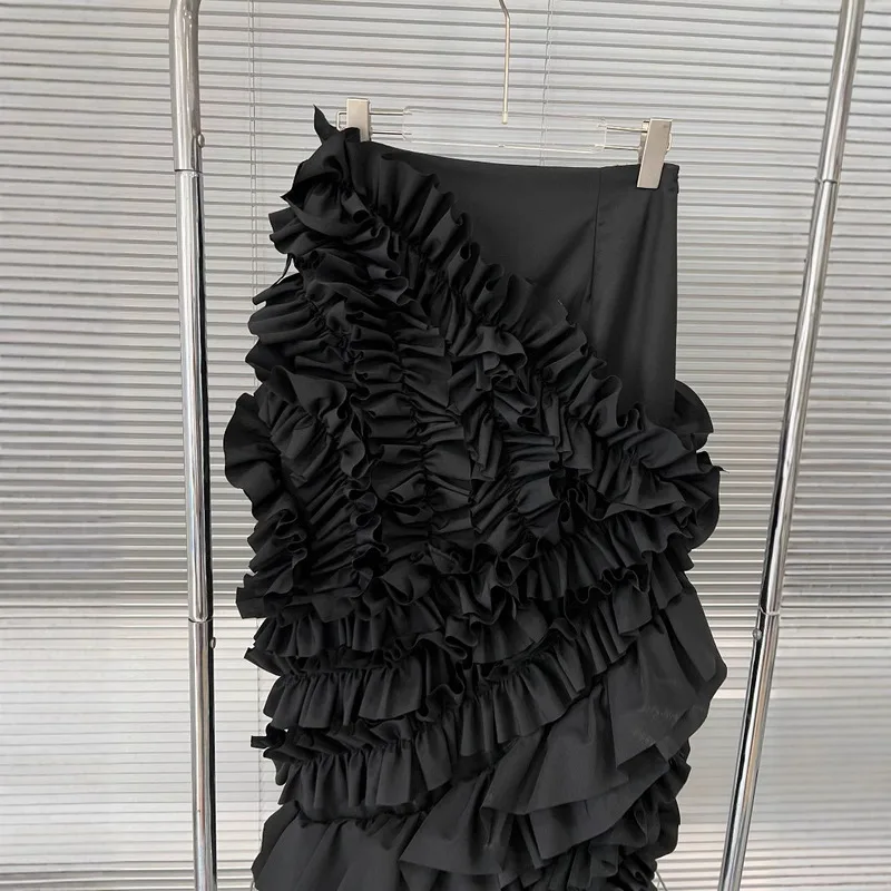 WTHT, nueva moda, faldas largas de pastel con diseño arrugado empalmado para mujer, falda dividida de cintura alta a la moda de verano 2025, para mujer 1LS2046