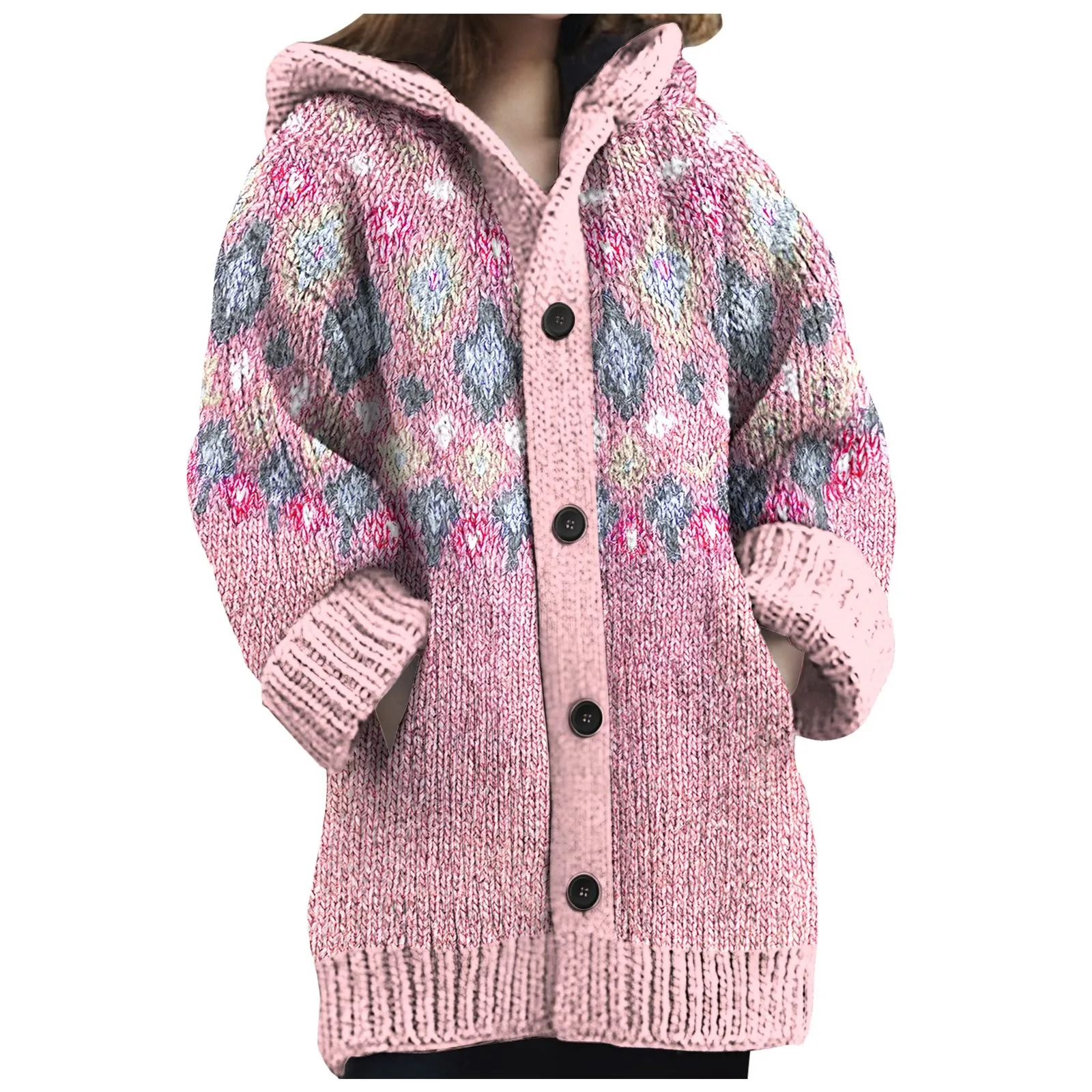 Knitted Sweater Cardigan Coats Printed Hooded Long Sleeve Jumper Warm Fashion Women Casual Cardigan Autumn Winter Sweater Ethnic