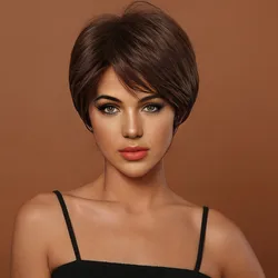 Fashion short wig woman short straight hair side oblique bangs synthetic fiber high temperature silk full head cover