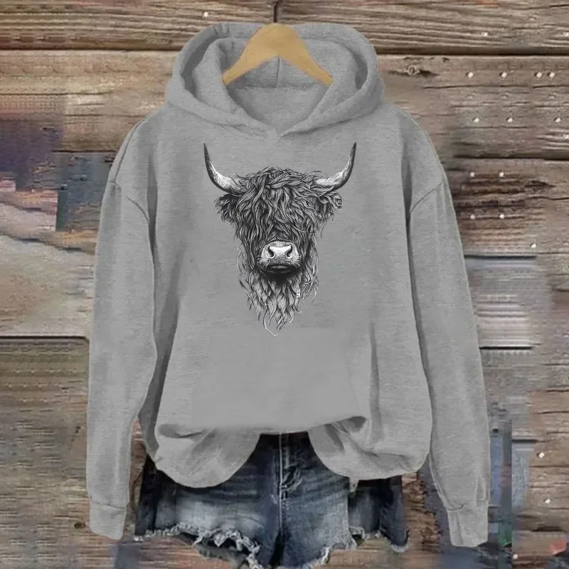 Women\'s Hoodie Highland Cow Print Casual Hoodie for Men Pullover Top Long Sleeve Unisex Sweatshirts With Hooded