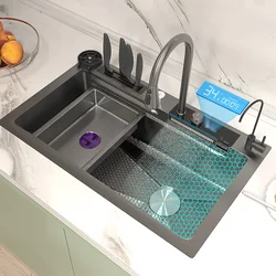 Black Kitchen Sink Stainless Steel Embossed Digital Display Waterfall Sink Large Single Slot Household Washbasin For Kitchen