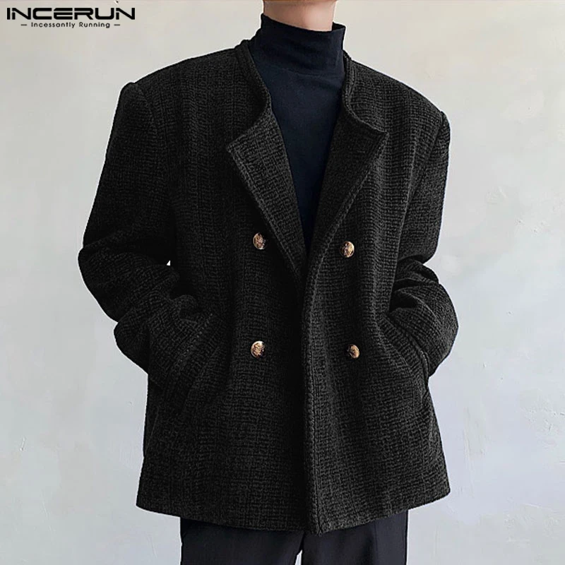 INCERUN 2024 Autumn Winter Coat Men's Crew Neck Long Sleeve Double Breasted Textured Jacket Warm Outwear Holiday Trench Coat