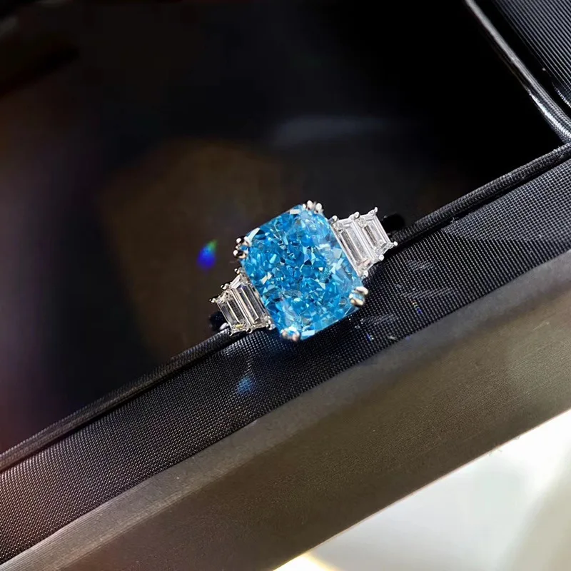 2022 NEW Luxury Square Ring Women\'s S925 Sea Blue Crystal Dazzling Gem Wedding Engagement Party Gift Jewelry