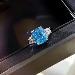 2022 NEW Luxury Square Ring Women's S925 Sea Blue Crystal Dazzling Gem Wedding Engagement Party Gift Jewelry