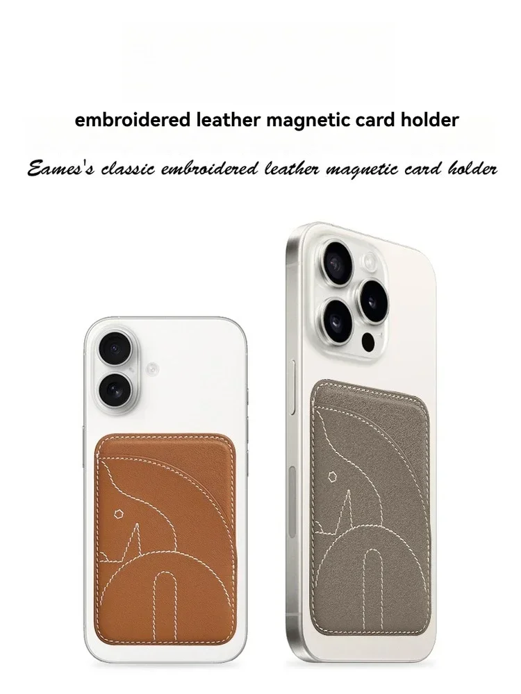 Ultracienkie etui na telefon z magnetycznym uchwytem na karty, żółta skóra naturalna, haftowane, kompatybilne z iPhone 17/16/15/14/13/12/Plus/Promax — zdjęcie produktu 3