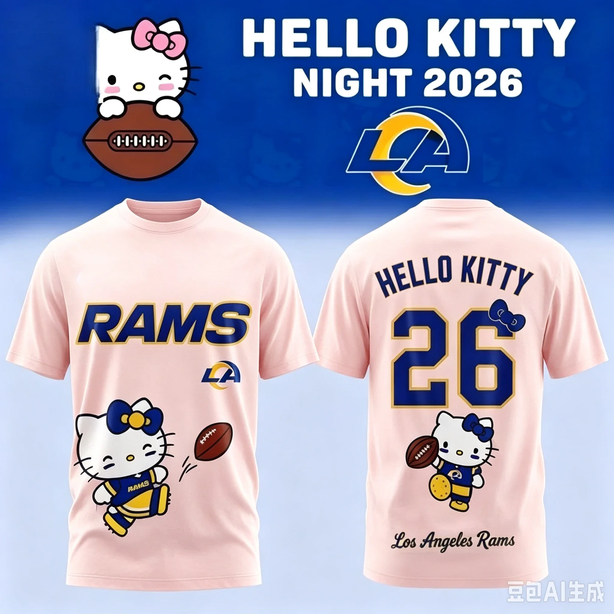 Los Angeles Rams Hello Kitty Night 2026 Men's and Women's Short Sleeved Cute Cartoon Kitty 26 Football Street Wear Casual Top
