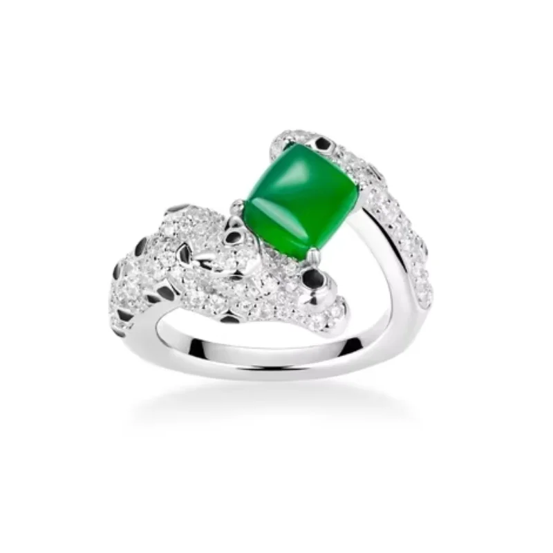 Bellux 925 Silver White Gold Plated Synthetic Zircon Ring Green Chalcedony Black and White Full Diamond Leopard Rings