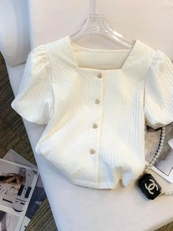 女性のバブルスリーブシャツスクエアカラー半袖夏新作甘いシフォンポケットスクエアファッションビジネススタイル
