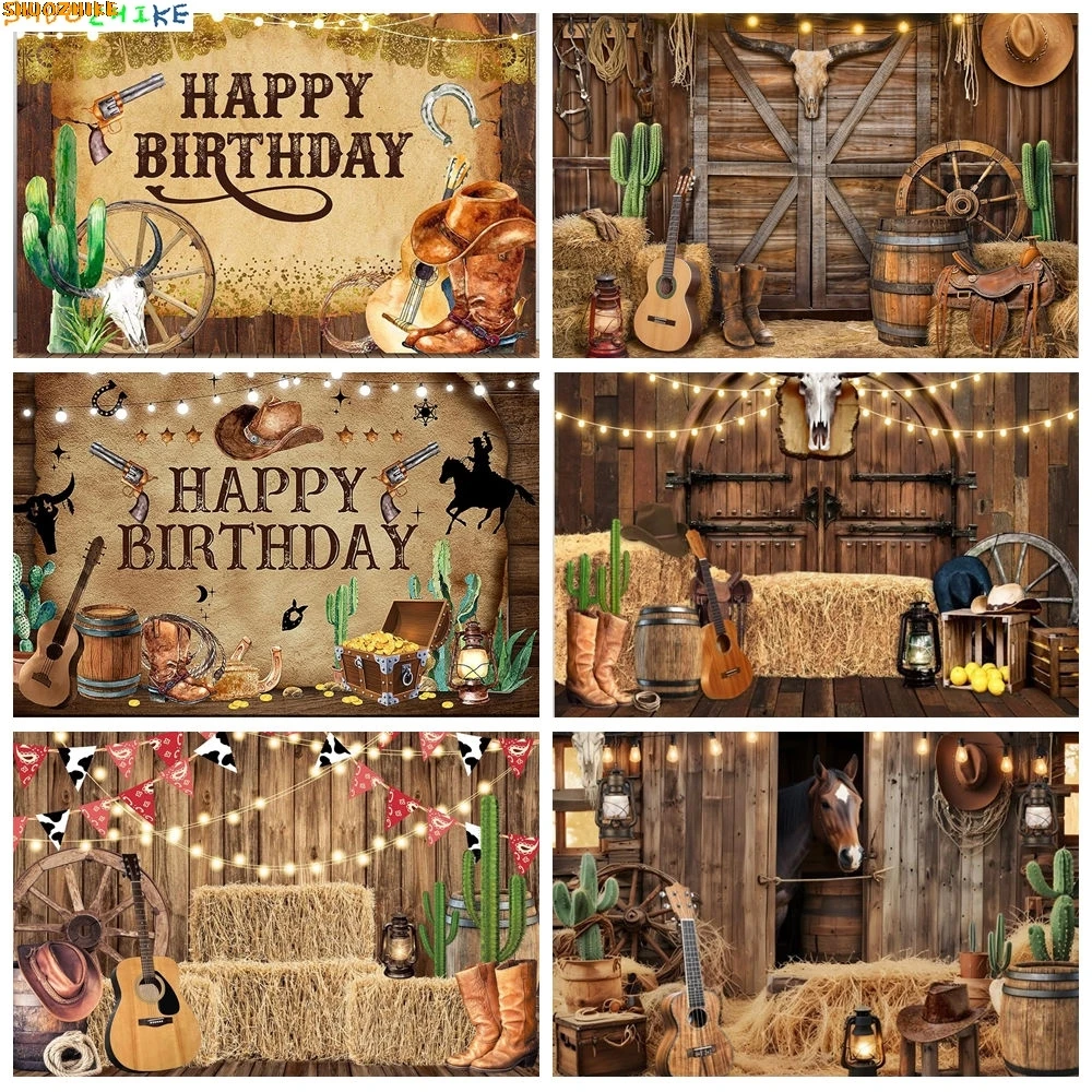 

Western Cowboy Horse Photography Backdrops Rustic Farm Wood Barn Door Kids Birthday Party Decor Indoor Cowgirl Background SX-01