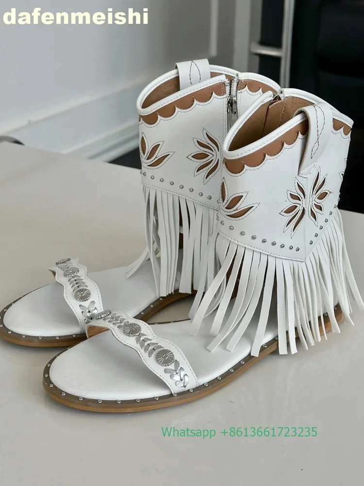 

Retro Tassel Fashion Women Sandals 2025 Summer New Side Zipper Rivet Flats Sandals Black/white Open Toe Hollow Shoes
