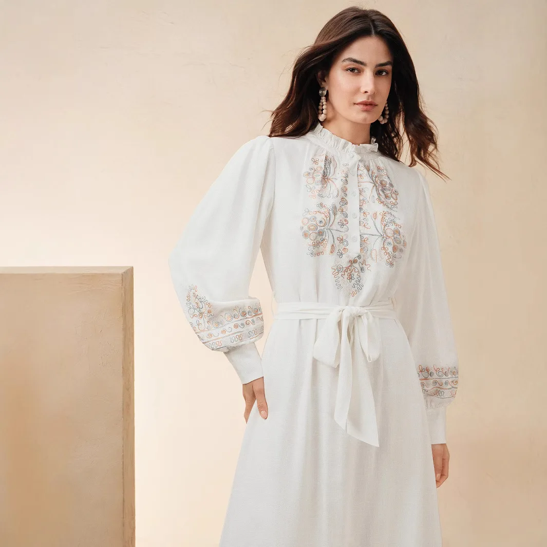 

Embroidery Ethnic Style Fashion Clothes Linen Abaya Summer Dress for Women Clothing Kaftan Jalabiya Caftan Party Dresses