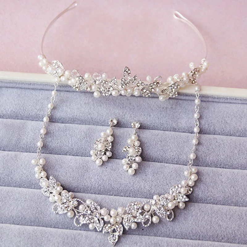 Silver Color Pearls Bridal Necklace with Earrings Gorgeous Women Prom Jewelry Sets Bride Accessories