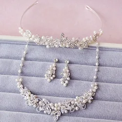 Silver Color Pearls Bridal Necklace with Earrings Gorgeous Women Prom Jewelry Sets Bride Accessories