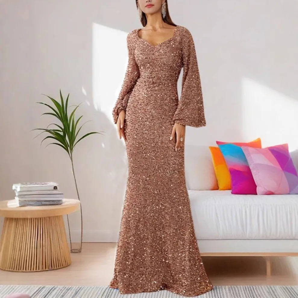 Elegant Sequins Prom Dress Women Fashion V-neck Wrapped Hip Flare Sleeve Long Evening Dress Chic Solid Party Gown Maxi Dresses