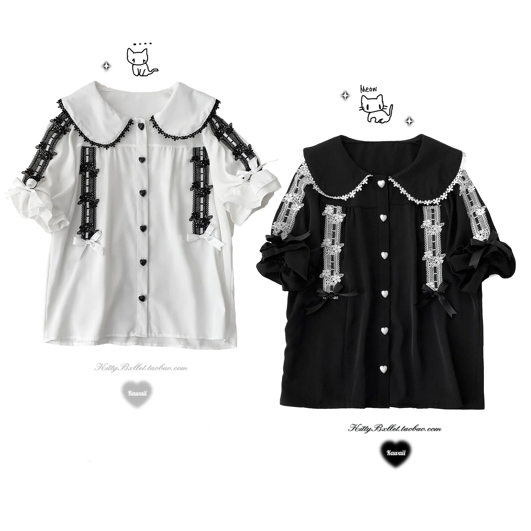 Dophee Original Landmine System Women Shirt Cute Peter Pan Collar Lace Splicing Cute Top Love Button Short Sleeve Gothic Blouses