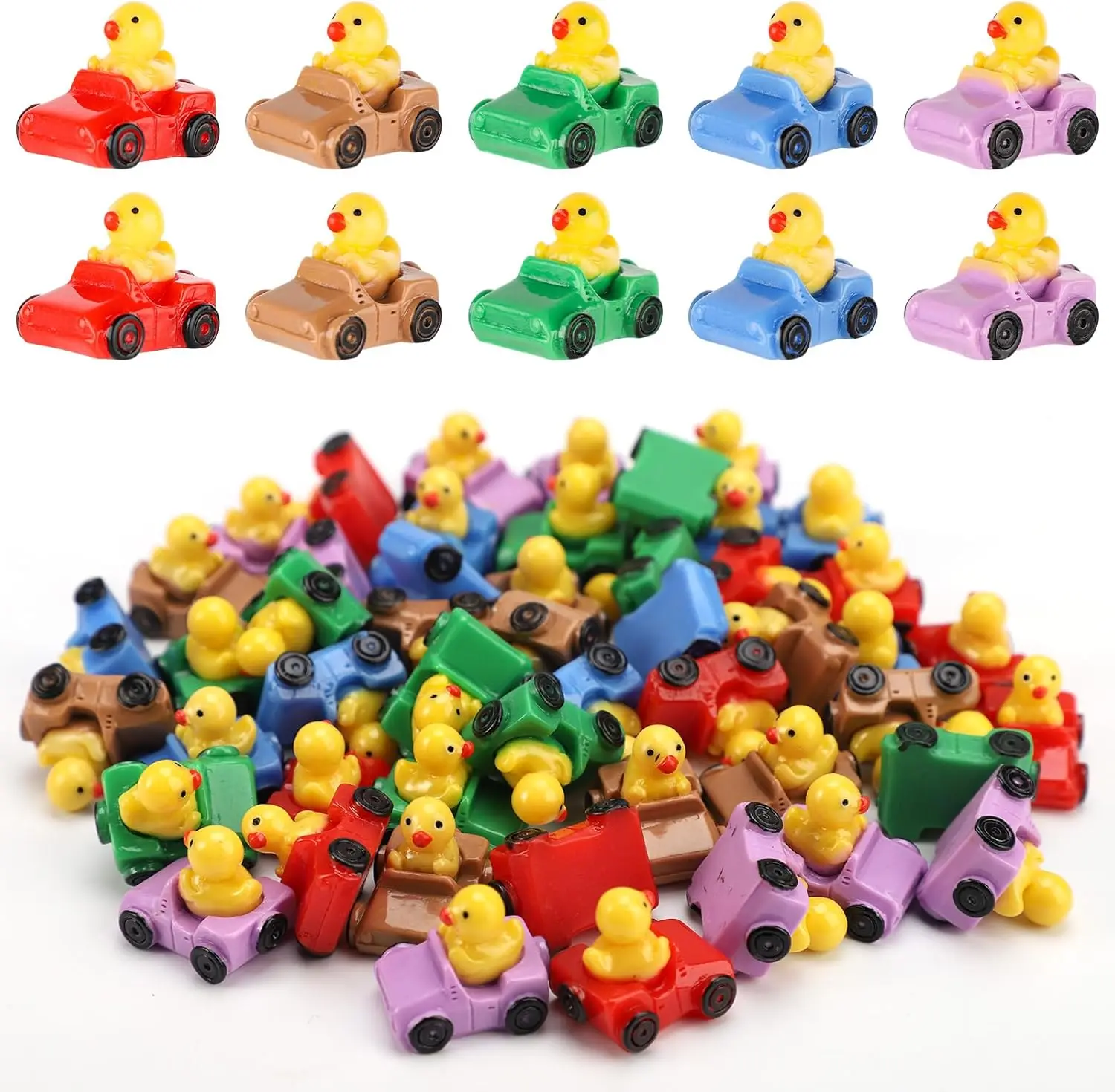 50pcs Mini Resin Cute Car Funny Small Rubber Ducks Toy Duck in a Car Multi-Colour Miniature Duck for Aquarium Dollhouse Decor