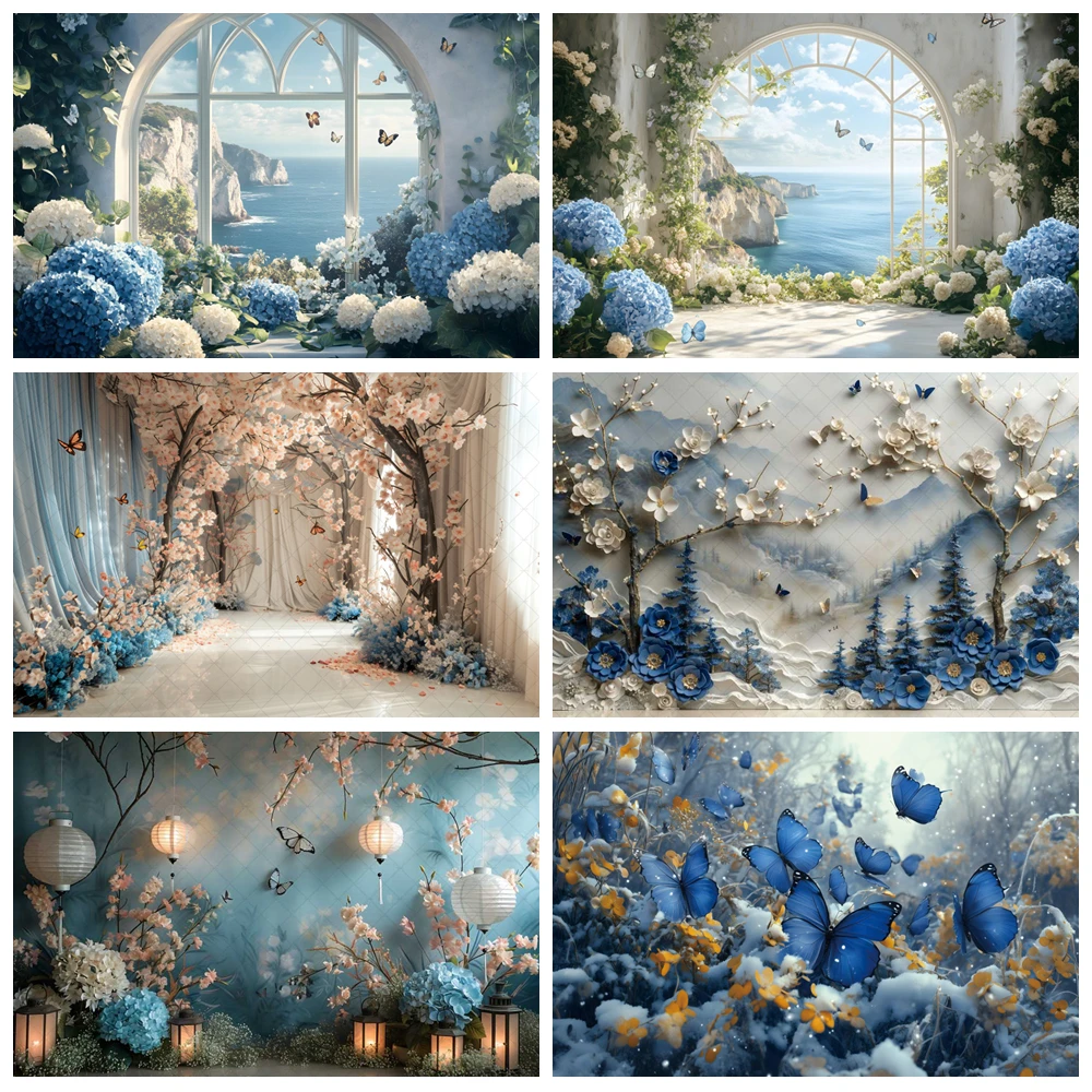

Blue Flower Butterfly Floral Wedding Ocean Floral Sea Arch Door Birthday Party Bride Maternity Portrait Photography Background