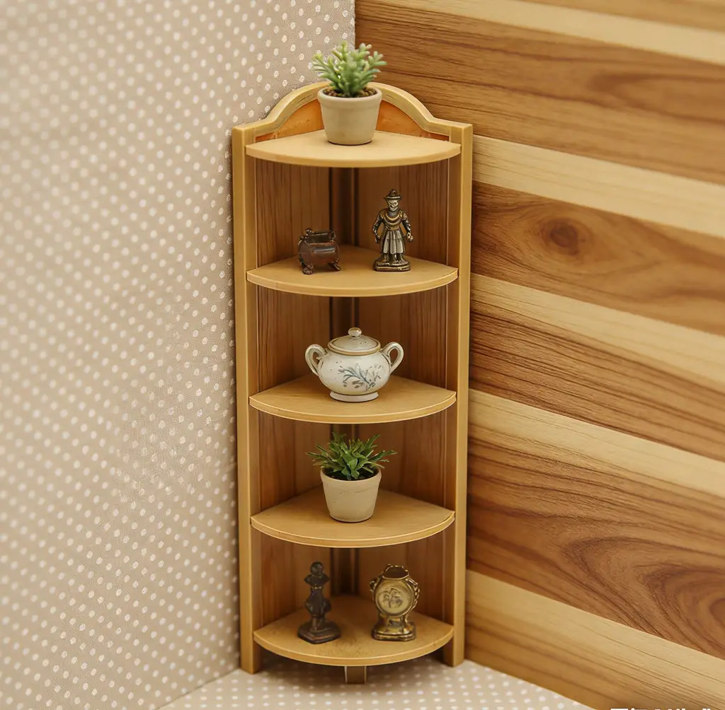 

1:12 Scale Dollhouse Miniature WoodenCorner Shelf,5-Tier Display Rack for Miniature Decor & Collectibles,Diorama Scene Accessory