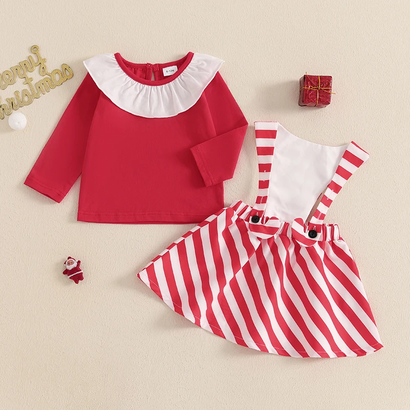 Toddler Girl 2 Piece Outfit Long Sleeve Shirt And Striped Print Suspender Skirt Set For Baby Fall Cute Clothes 6 Months-4 Years