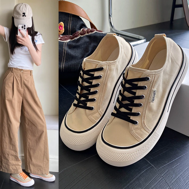 

New Low Help Canvas Round Toe Shoes Women's Casual Shoes Woman Vulcanize Sneakers Comfortable Walking Platform Flats Shoes 2001