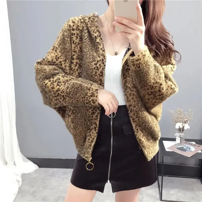 Cappotto in velluto di visone imitazione stampa leopardo giacca donna autunno inverno maglione lavorato a maglia donna giacca Cardigan con cerniera