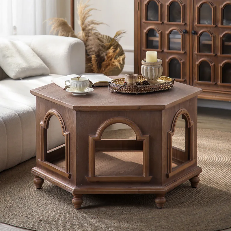 

Creative hotel French retro living room coffee table coffee table, new hexagonal homestay log size side table