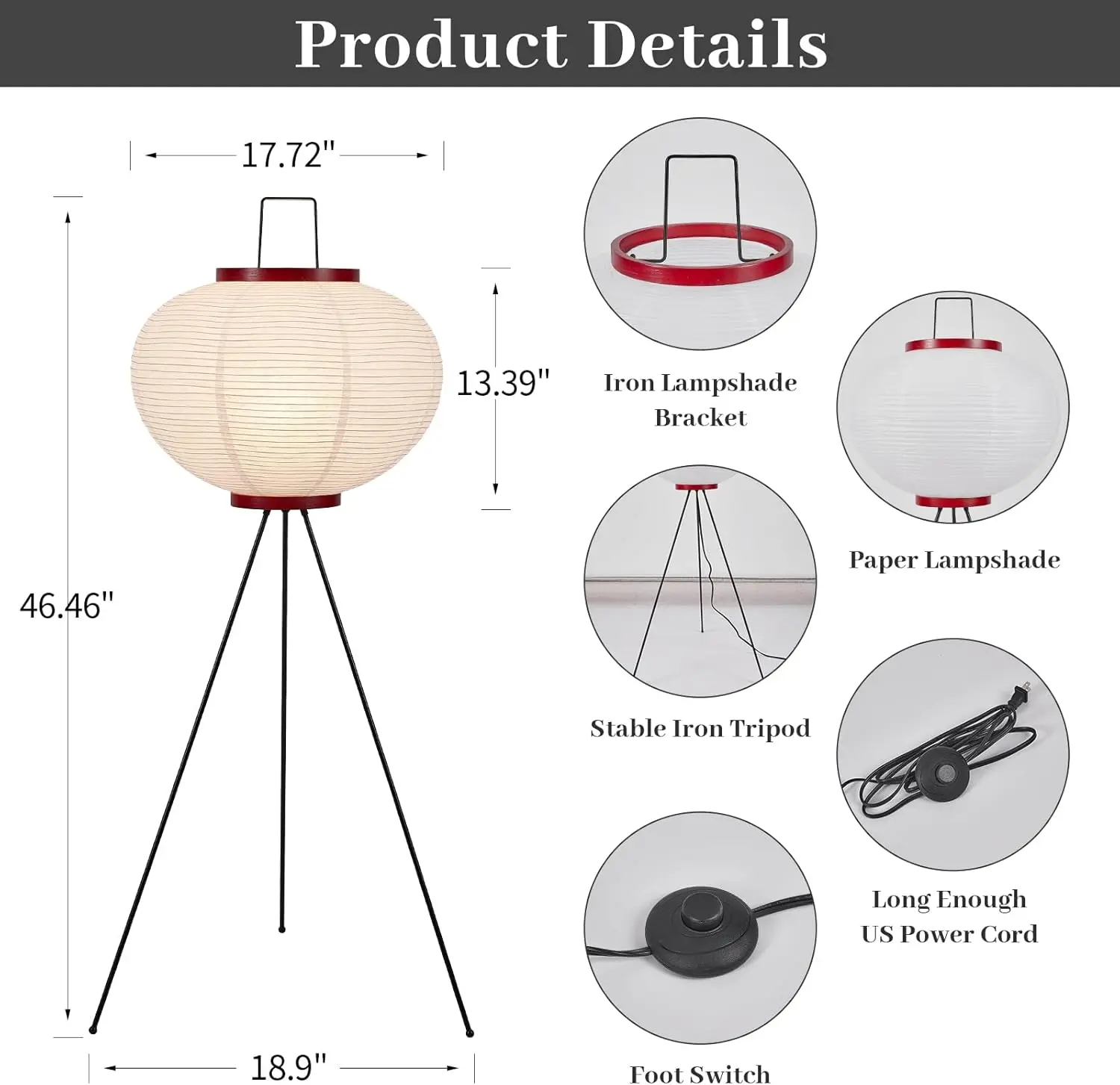 Candeeiro de pé de papel de arroz japonês 49,2 'branco Akari luz de pé com lâmpada 3000K - sombra de lanterna Japandi Noguchi artesanal para cama
