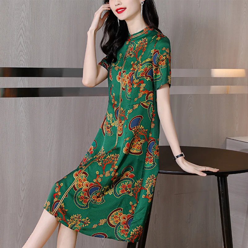 

Women Print Chinese Style Short Sleeve Midi Dress 2024 Korean Vintage Casual Party Robe Summer Elegant Bodycon Office Lady Dress