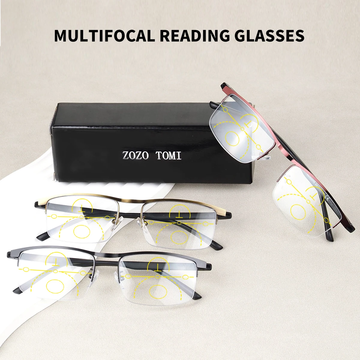Progressive multifokale Lesebrille, TR-Halbrahmen-Presbyopiebrille, Unisex-Design.