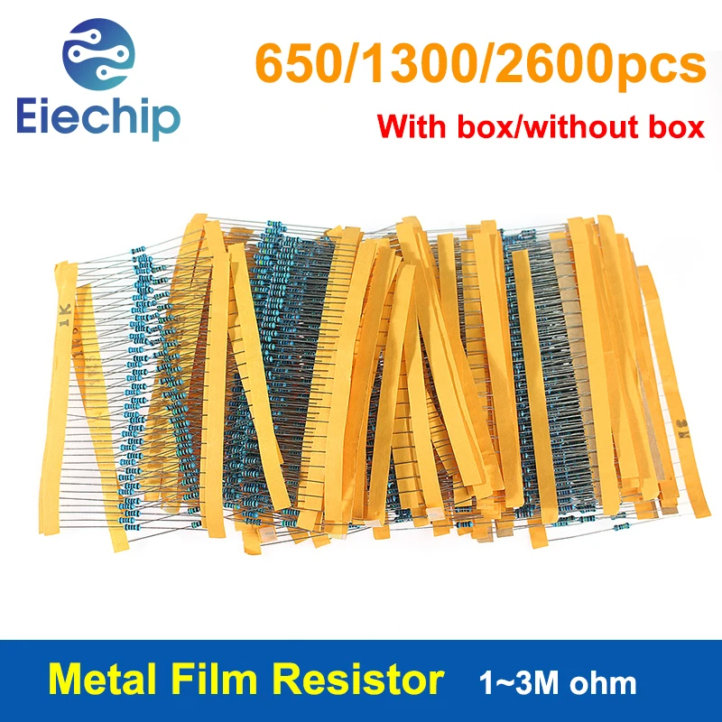 

High-Quality 650-2600pcs Metal Film Resistor Assorted Kit 1~3M ohm Resistance 130 Values 1/6W 1/4W 1/2W 1W Set of Resistors 1%