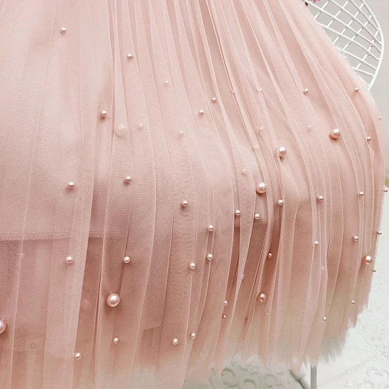 Elegant Pearl Tulle Skirts Women 2025 Fashion High Waist Faldas Largas Casual Korean Pink Mid Length A Line Pleated Skirt Black