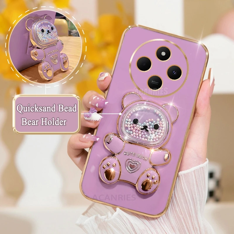 Redmi14c Luxury Quicksand Bear Holder Plating Case On For Xiaomi Redmi 14c 13c 12c 13 12 A3 4g Silicone Stand Cover Poco C75 C65