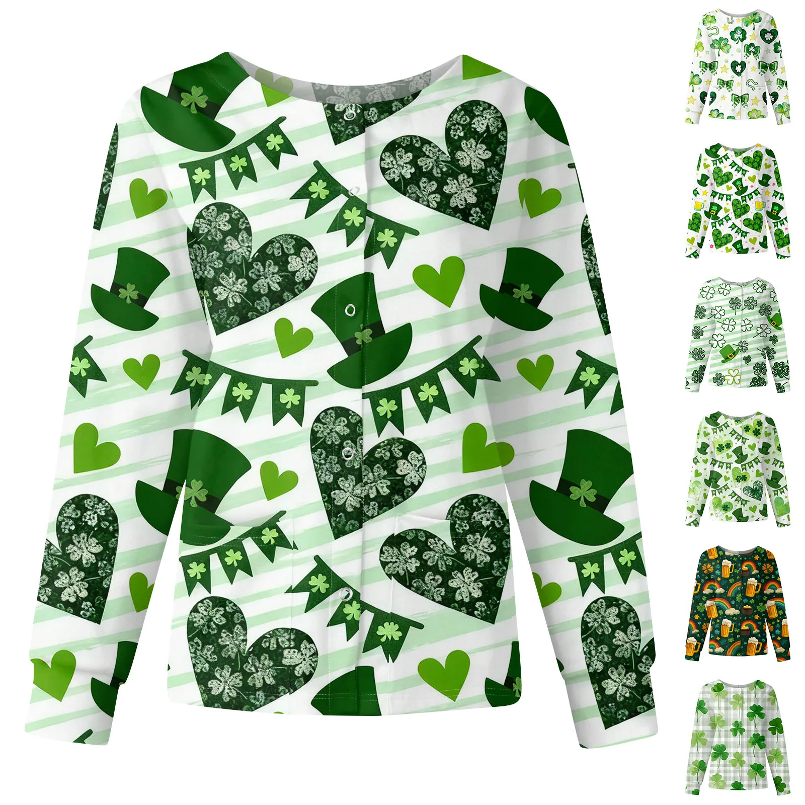 

St. Patrick'S Print Pattern Long Sleeved Nurse Workwear Single Breasted Round Neck Top Spring Autumn Women'S Casual Fashion Top
